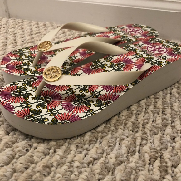 Tory Burch Shoes - Tory Burch Wedge Flip Flops sz 7 white/pink floral